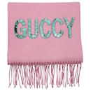 Sciarpa impreziosita da paillettes con frange Gucci in seta rosa e misto cashmere
