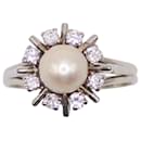 Daisy ring with central pearl and white gold diamond entourage 750%O - Autre Marque