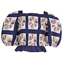 SEA Open-Back Shirred Quilted Printed Top in Navy Blue Cotton - Sea New York