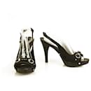 Christian Dior Black Monogram Canvas Wooden Heel Pumps Slingback Shoes size 37