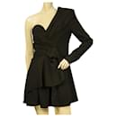 Saint Laurent black one sleeve bow-embellished layered mini dress FR 38