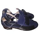 Chanel Ankle Strap Blue Leather Open Toe Flat Size 40C US 10 UK 7 AU 9