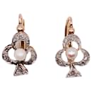 Art Nouveau clover-shaped stud earrings with diamonds and fine pearls - Autre Marque