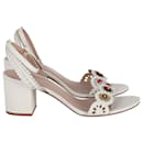 Tory Burch Cut-Out Floral Appliqué Ankle-Strap Sandals in White Leather