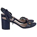 Tory Burch Cut-Out Floral Appliqué Ankle-Strap Sandals in Navy Blue Leather