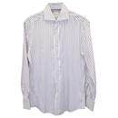 Brunello Cucinelli Striped Slim Fit Shirt in White and Navy Cotton