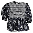 Sea New York Alessia Print Smocked Floral Print Top in Black Cotton