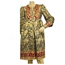 Anna Sui Gold Red Ethnic Floral Print Silk Long Sleeves Knee Length Dress size 2