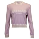 Kurzer Pullover mit Balmain-Logo aus lavendelfarbener Wolle