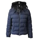 Prada Padded Jacket with Fur Collar in Navy Blue Polyester