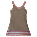 túnica o mini vestido en 100% Camiseta lino tabaco fondo beige y bordes multicolor. S-M - Autre Marque
