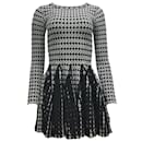 ALAÏA Black / White Printed Long Sleeved Knit Fitted Flared Pleated Mini Cocktail Dress - Alaïa
