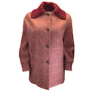 Jaqueta de caxemira com botões de couro de bezerro Loro Piana vermelha com várias nervuras gola de tricô