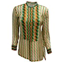Dries van Noten Green / Blusa de seda transparente com estampa geométrica laranja e detalhe plissado manga comprida - Dries Van Noten