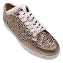 Jimmy Choo Bronze Metallic Miami Coarse Glitter Lace-Up Low Top Leather Sneakers in Ballet Pink