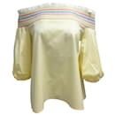 Peter Pilotto Yellow Embroidered Smocked Detail Ruffled Trim Puff Sleeved Off-the-shoulder Blouse