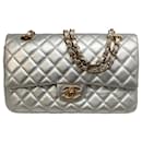 Chanel Double Flap Silver Lambskin Medium Leather Shoulder Bag