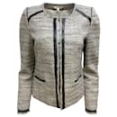 GERARD DAREL Black / Ivory Perforated Leather Trim Woven Tweed Blazer - Gerard Darel