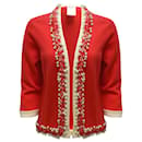 Cardigan en tricot de cachemire à manches longues orné de perles Chanel rouge coquelicot / Pull Ivoire