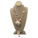 Chanel Pink / Ecru Cc Logo Seashell Pendant Crystal Embellished Imitation Pearl Long Necklace