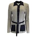 Oscar de la Renta Black / Ivory Two-Tone Belted Long Sleeved Wool Knit Button-down Cardigan Sweater