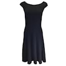 Michael Kors Collection Black Bateau Neck Fitted and Flared Merino Wool Ribbed Knit Dress