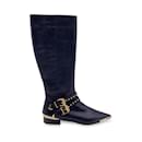 Black Leather Riding Boots with Gold Metal Buckles Size 36 - Versace
