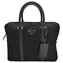 Prada Saffiano Leather Trim Classic Briefcase in Black Nylon