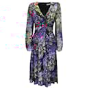 Prabal Gurung Audra Purple Multi Floral Printed Long Sleeved V-Neck Silk Midi Dress