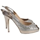 Jimmy Choo Nova Peep Toe Slingback Sandals in Silver Glitter And Lurex Fabric