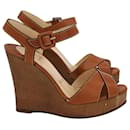 Christian Louboutin Wedge Heel Sandals in Caramel Brown Leather