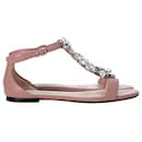 Jimmy Choo Crystal Embellished T-strap Flat Sandals in Pink Leather