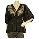 Miss June Black Lace Gold Floral Embroidery Puff Sleeves Tunic Blouse Top