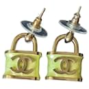 CC B18P Logo Iridescent Green Padlock Enamel Earrings RARE box tag - Chanel