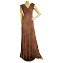 ETRO Roxo Vermelho Estampa Paisley Vestido Maxi Longo Sem Mangas Decote Babado 40 - Etro