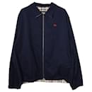 Burberry Embroidered Emblem Front Zip Reversible Jacket in Navy Blue Polyester Cotton