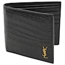 Saint Laurent YSL-Plaque Crocodile Effect Bi-Fold Wallet in Black Leather - Yves Saint Laurent
