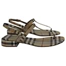 Burberry Signature Plaid Emily T-strap Slingback Sandals in Beige Coated Canvas and Leather