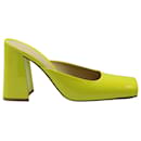 Bottega Veneta Square Toe Block Heel Mules in Neon Green Patent Leather