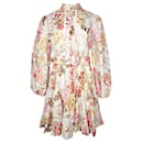Mini abito Zimmermann Bonita in pizzo sangallo con stampa floreale e cintura in lino multicolor