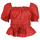 Ulla Johnson Evita Tasseled Shirred Blouse in Red Cotton