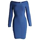 Herve Leger by Max Azria Off-the-Shoulder Long-Sleeve Bandage Dress in Blue Rayon
