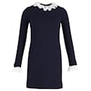 Victoria Beckham Broderie Anglaise-trimmed Mini Shift Dress in Navy Blue Wool