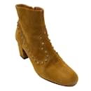 Saint Laurent Mustard Yellow / Antiqued Gold Studded Suede Ankle Boots
