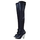Chanel Black Leather Camellia Wedge Over The Knee Boots