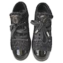 Chanel Black Navy Blue Shimmery Tweed Patent Leather Cap Toe Sneakers