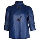 Marni Mock Neck Button Front Jacket in Blue Lambskin Leather