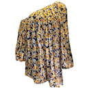 Amarillo Saint Laurent / Vestido de seda con un solo hombro y estampado floral multicolor negro