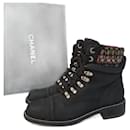 Chanel Black Nubuck Tweed Lace-Up Combat Boots