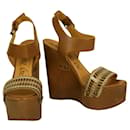 Lanvin Brown Leather High Wooden Heel Wedges Platform Sandals Shoes 40